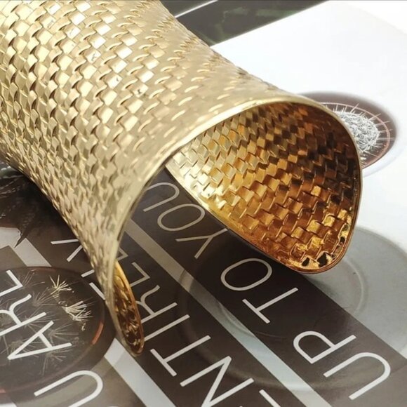 Golden Mosaic Pattern Wide Opening Metal Cuff BangleTibetan Bracelet - Picture 3 of 5